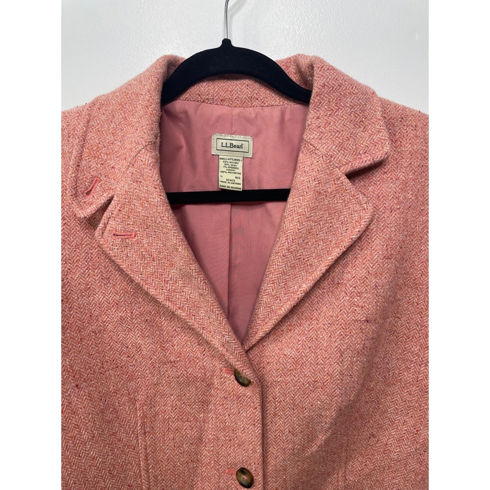 LL Bean Womens Coral Pink Herringbone Wool Silk‎ Blend Blazer Jacket L Old Money - Picture 3 of 9